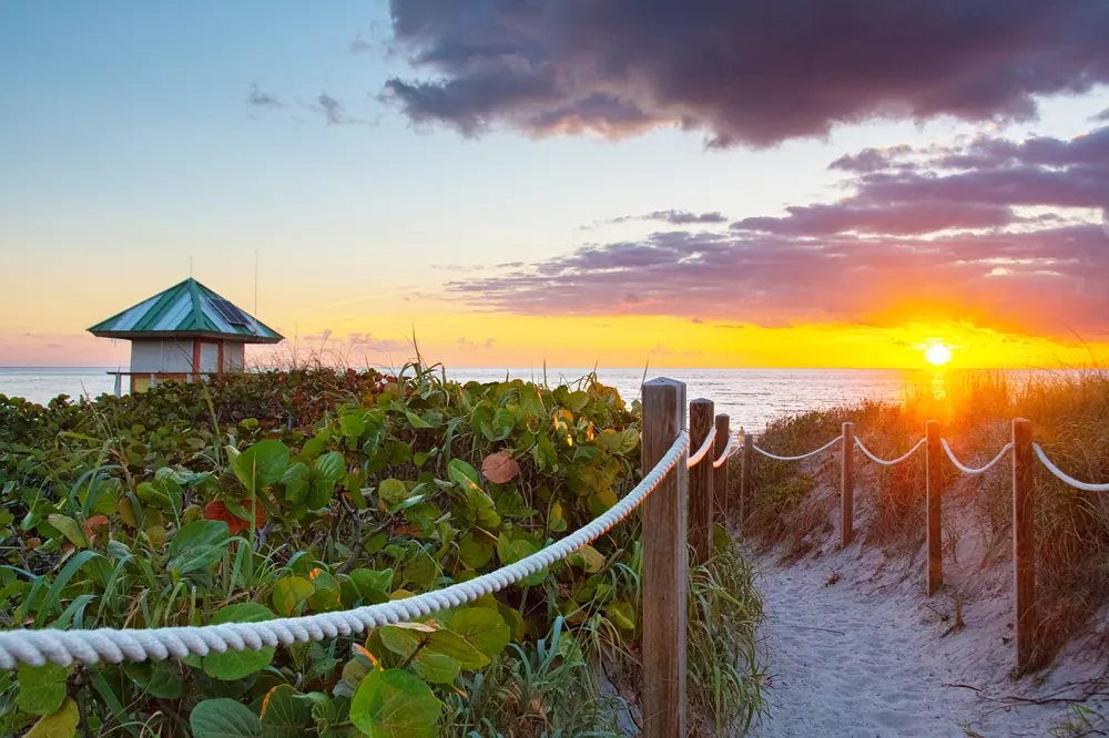 Sunrise over the ocean from a dune path, with a rope fence and a lifeguard stand